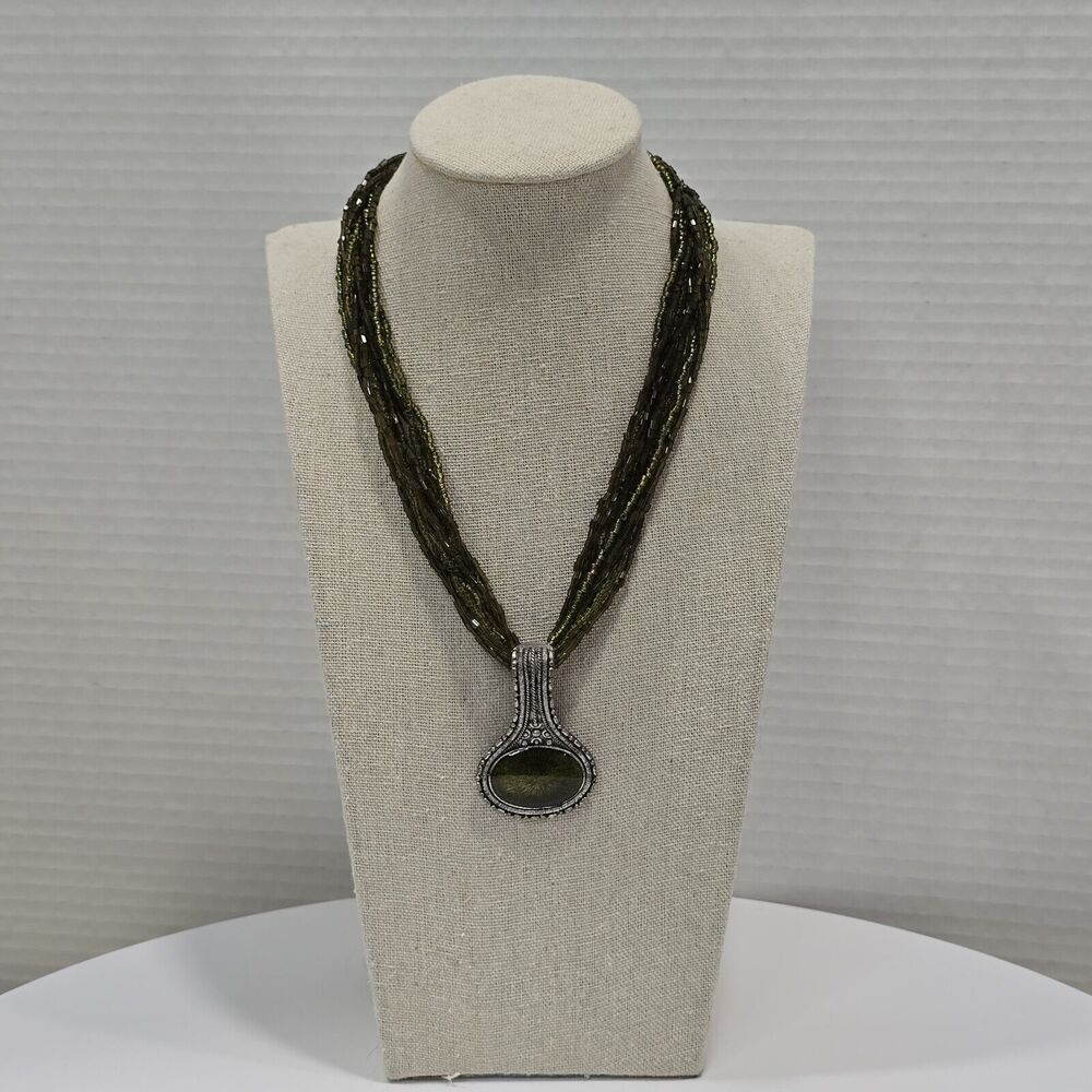 Green Seed Bead Multi Strand Silver Tone Enamel Pendant Necklace - Picture 3 of 13